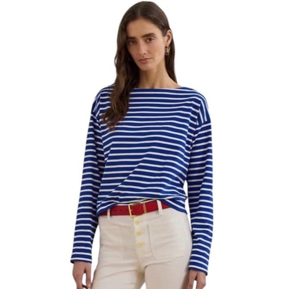 Lauren Ralph Lauren Boatneck Top Women's MED Striped Blue White Nautical Coastal